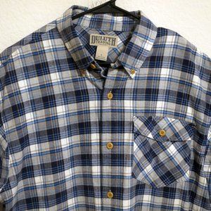 Duluth Trading Co Mens Long Sleeve Button Flannel Shirt Large Blue White Plaid